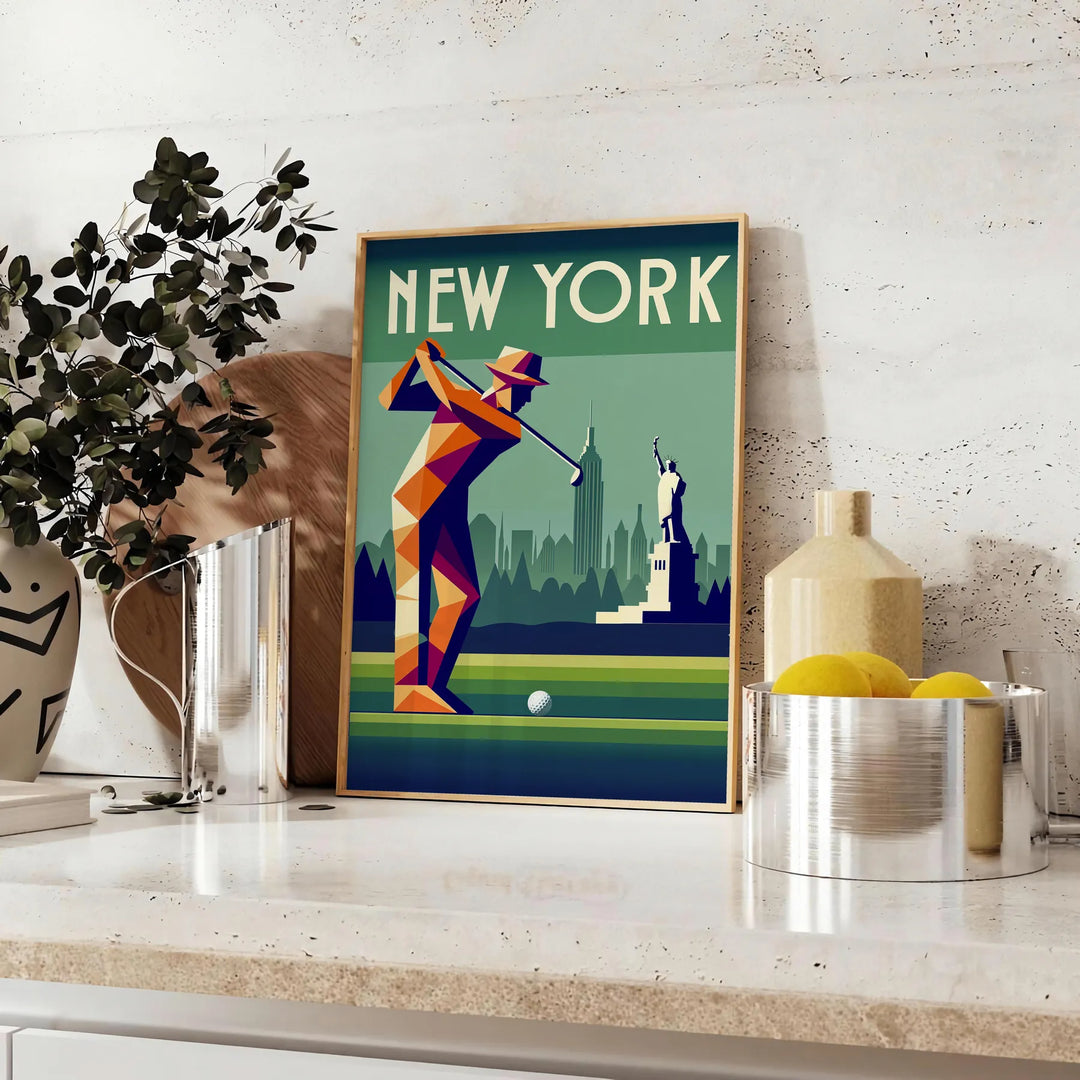 Art Deco style poster featuring a golf scene in New York with gray and brown tones