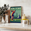 Art Deco style poster featuring a golf scene in New York with gray and brown tones