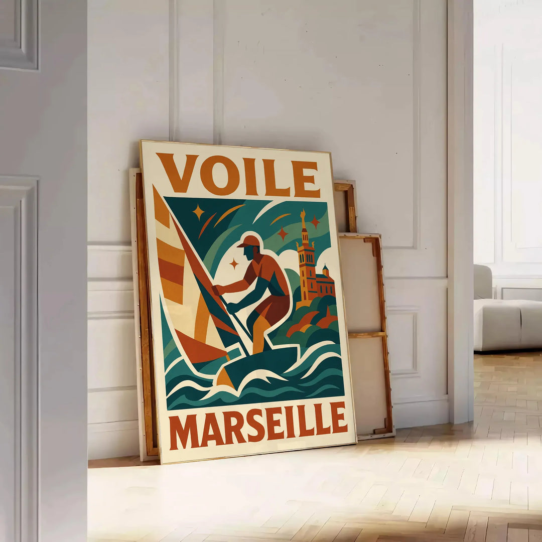 Minimalistisches Poster eines Segelboots in Marseille mit Blau- und Grüntönen