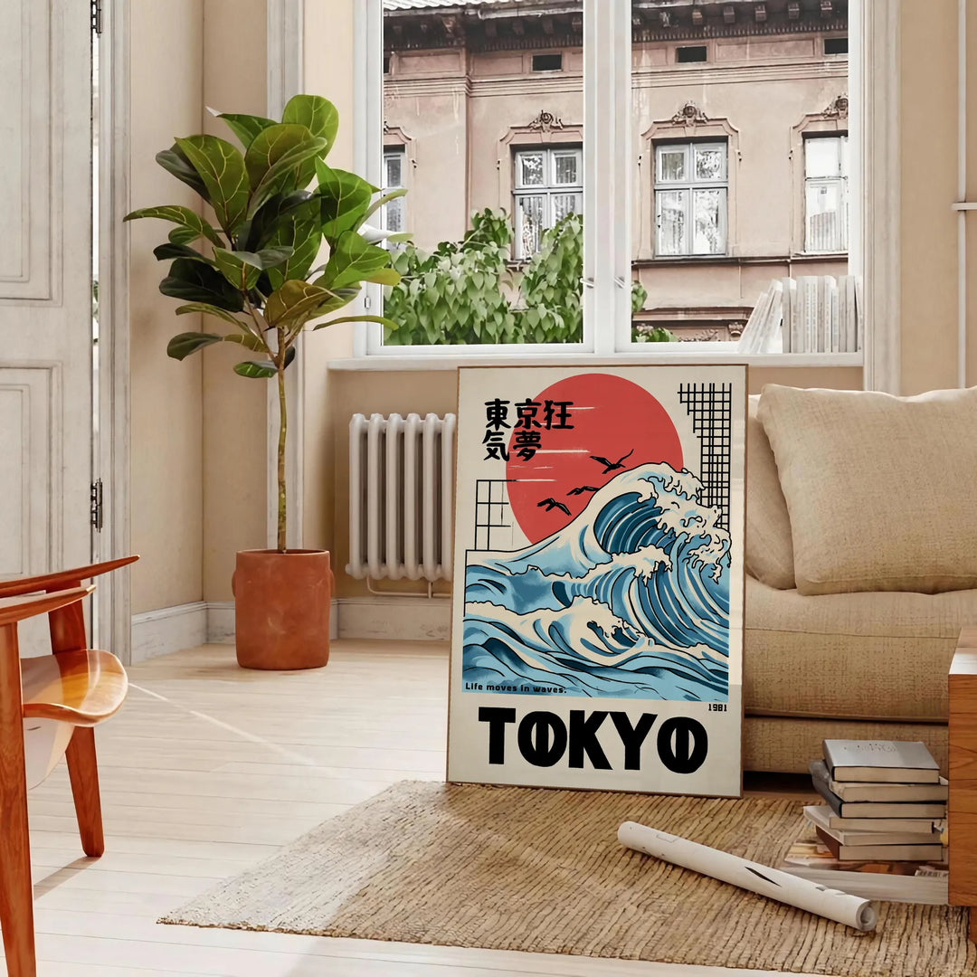 Plakat Tokio z miejskim pejzażem w zieleni i szarości, styl minimalistyczny