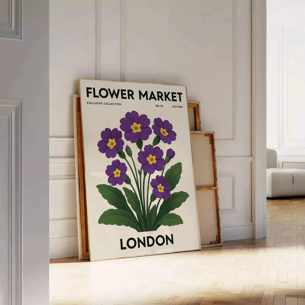Poster showing London flower market botanical illustration in green and gray