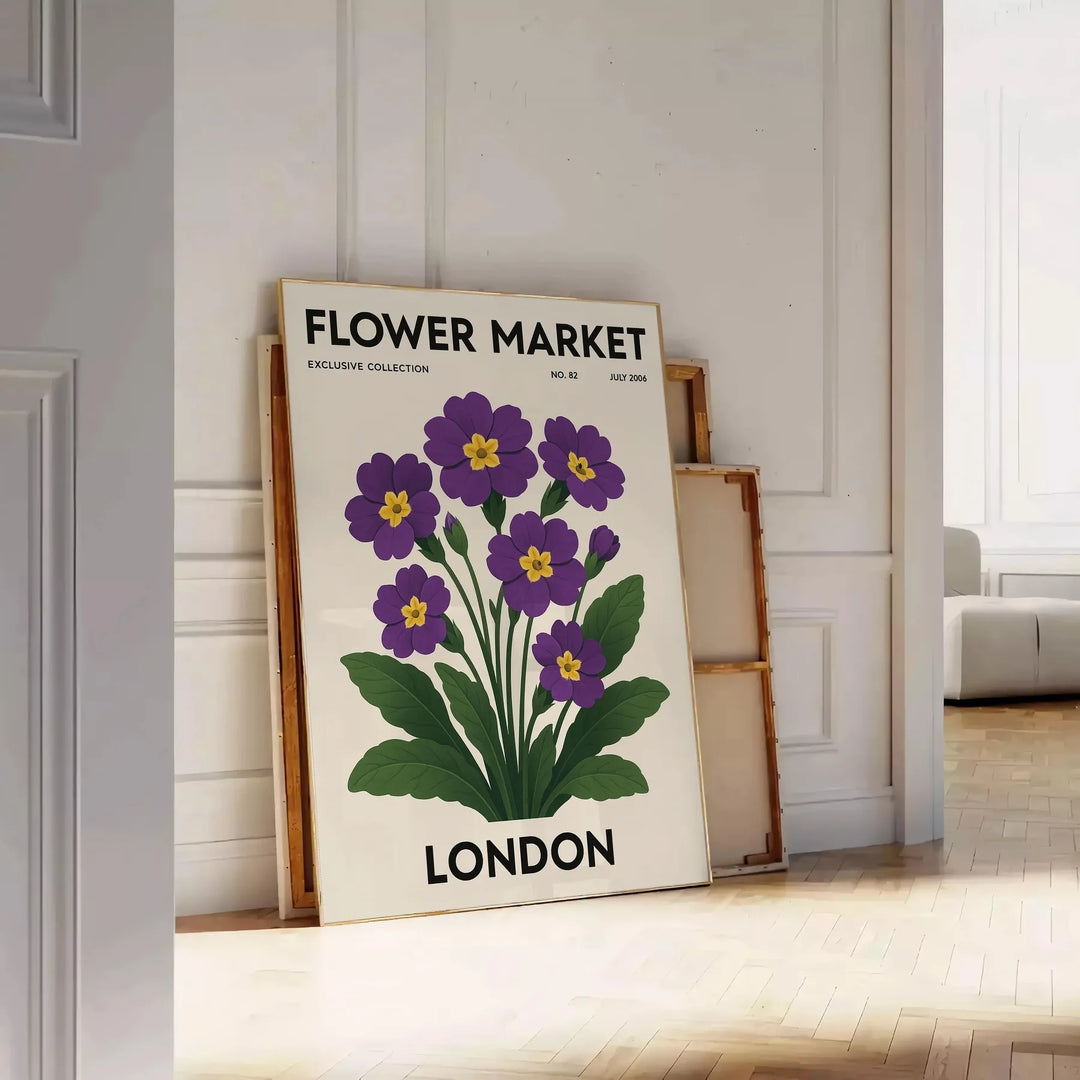 Poster showing London flower market botanical illustration in green and gray