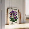 Poster showing London flower market botanical illustration in green and gray