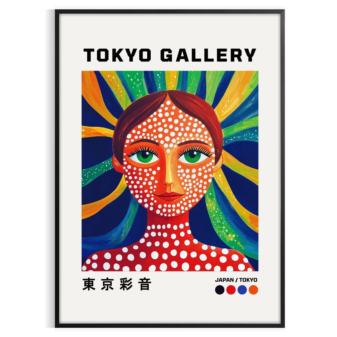Stylized female figure by Yayoi Kusama in red and blue patterns