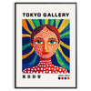 Stylized female figure by Yayoi Kusama in red and blue patterns