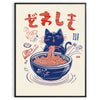 Blue and red Maneki Neko kitchen illustration poster, playful Japanese charm