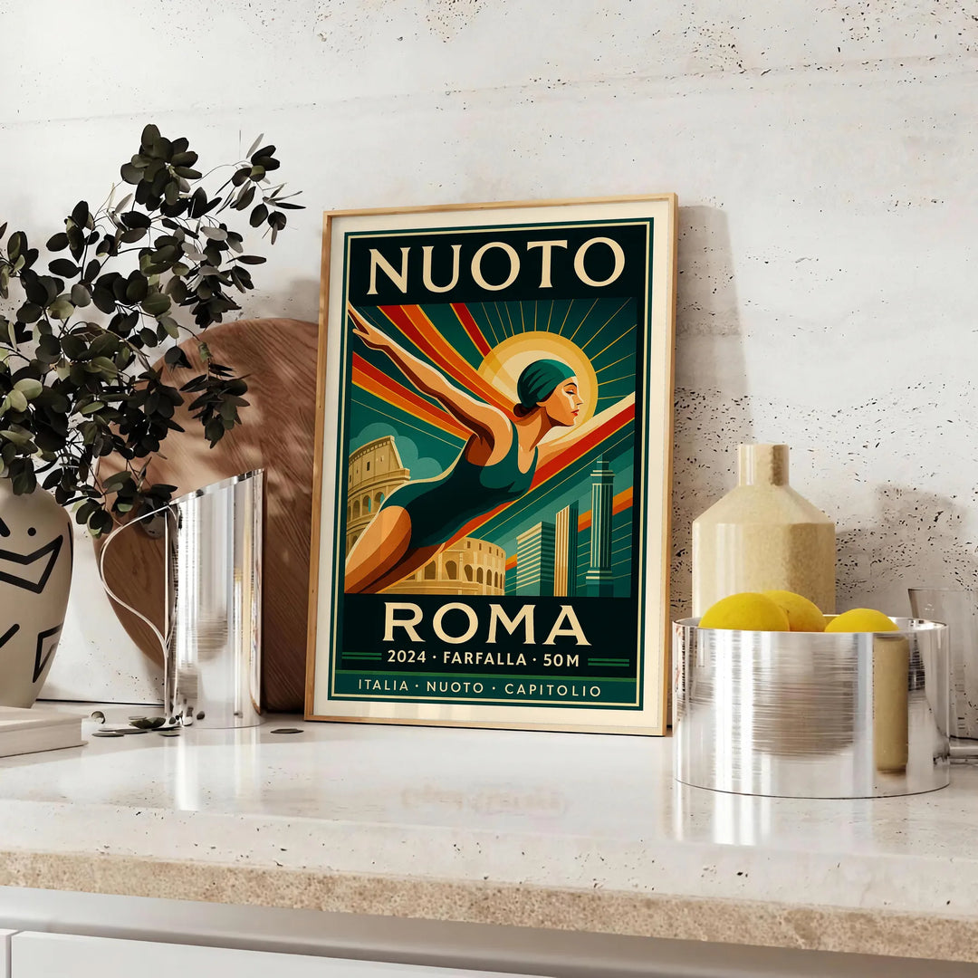Stylized swimmer in motion with Roman columns in the background