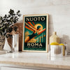 Stylized swimmer in motion with Roman columns in the background