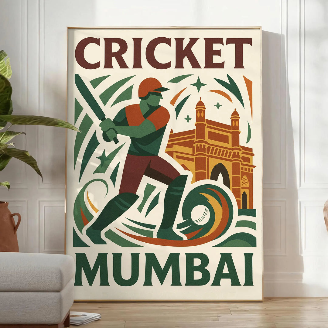 Gray and white poster of stylized cricket player, minimalist Mumbai design