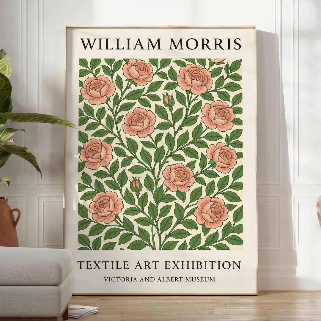 Poster showing William Morris botanical pattern in gray and orange