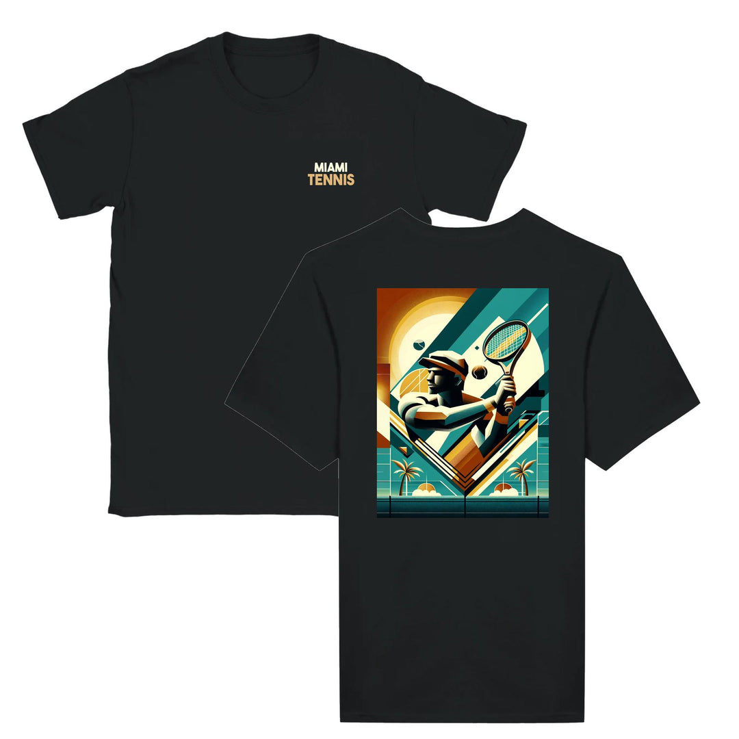 T-shirt featuring a graphic of a tennis player in action against a Miami skyline