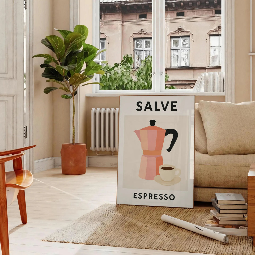 Black and gray Salve Espresso kitchen poster, minimalist graphic artwork