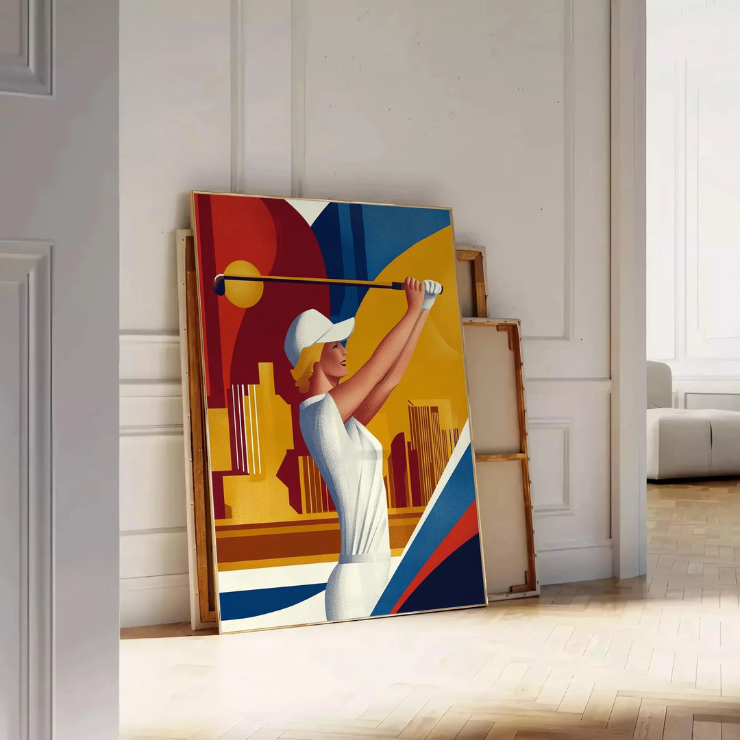 Vintage orange and white poster of a woman playing golf