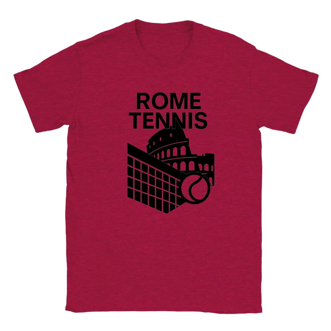 T-shirt featuring a graphic design of tennis elements with Rome landmarks