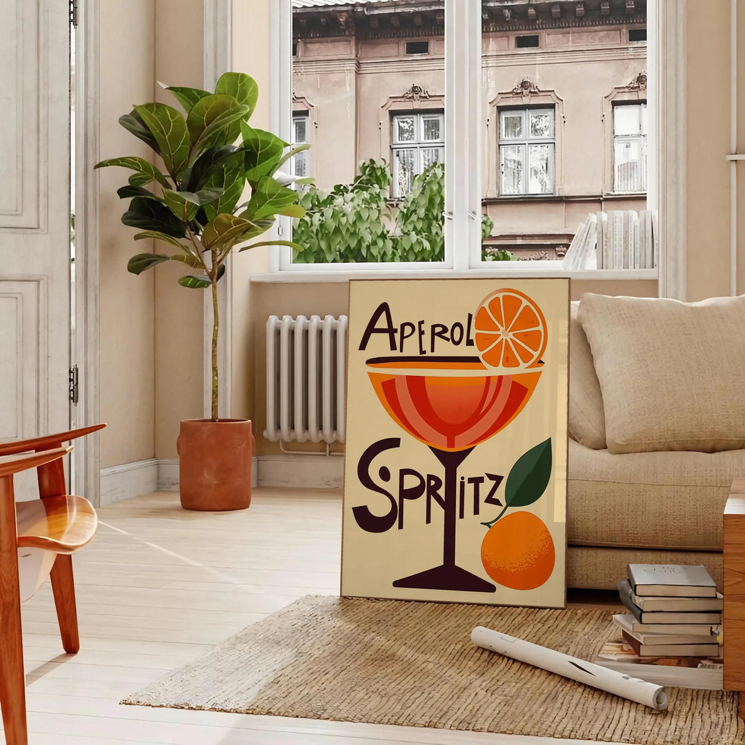 Poster Aperol de cocktail com ilustração gráfica em laranja e vermelho