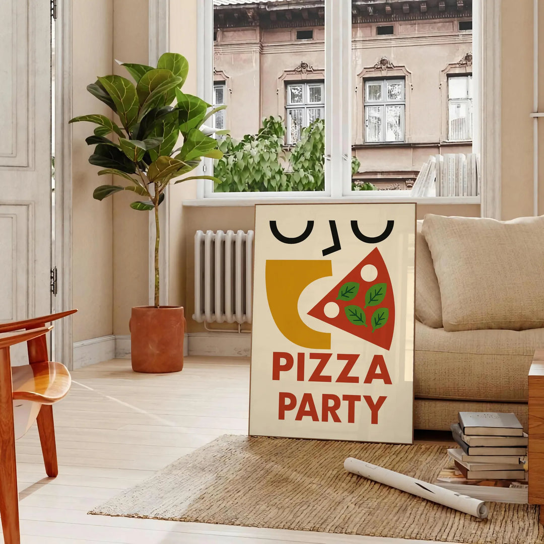 Kitchen pizza party poster, playful illustration with green and red accents