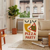 Kitchen pizza party poster, playful illustration with green and red accents