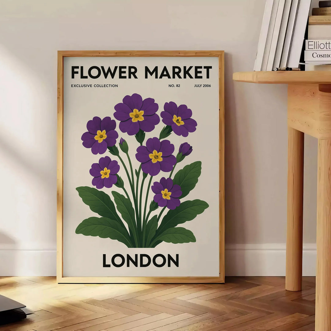 Poster showing London flower market botanical illustration in green and gray