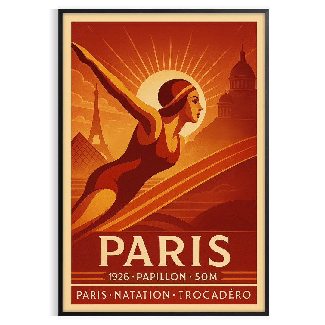 Brown and green swimming figure art poster, minimalist vintage-style illustration