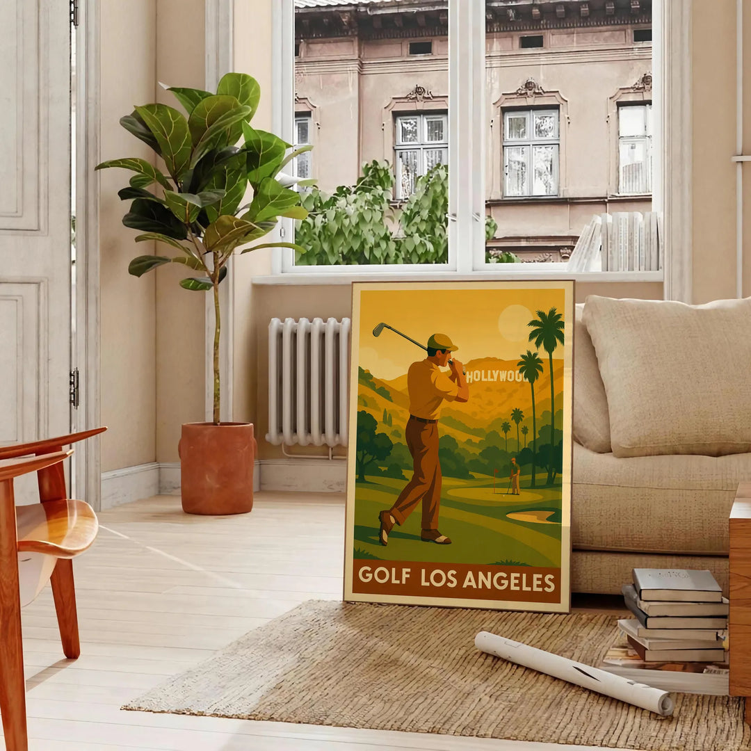 Vintage golf poster depicting Los Angeles landscape in brown and green