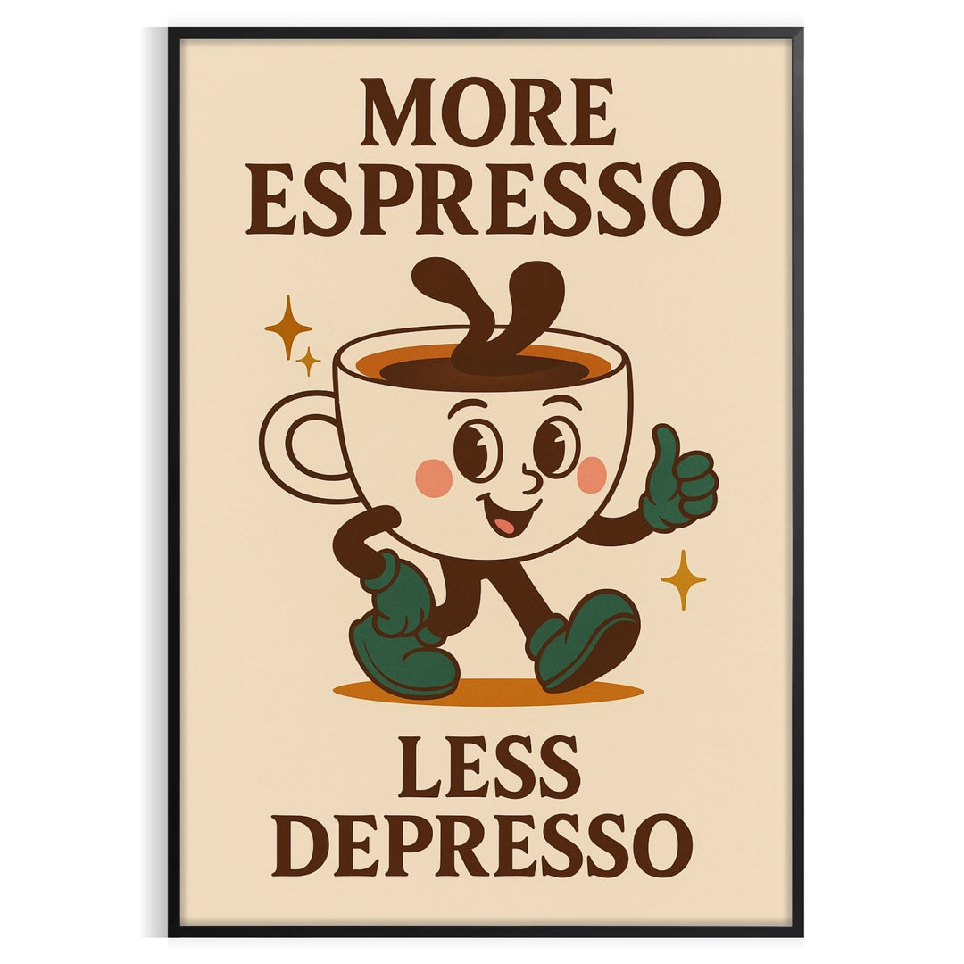 Kitchen poster with green and blue typography, featuring 'More Espresso Less Depresso'