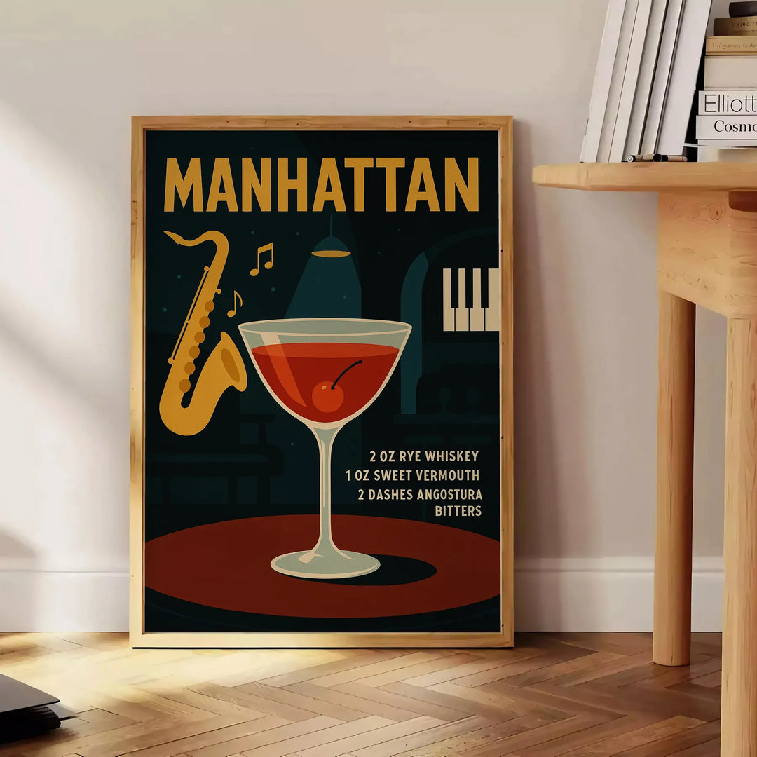Black and gray Manhattan cocktail poster, minimalist bar illustration print