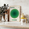 Minimalist poster with a green circle on a white and blue background