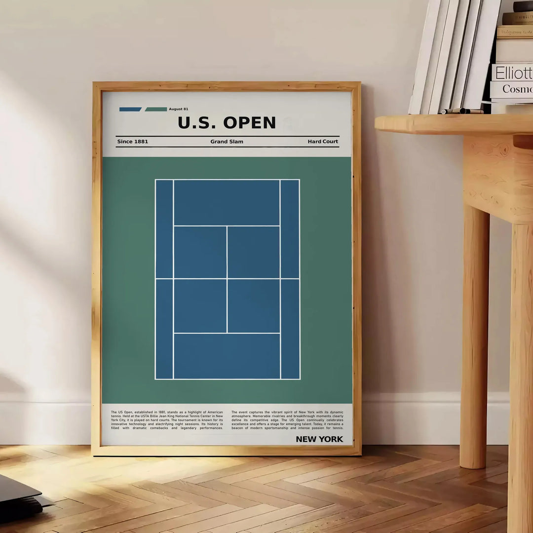 White and gray minimalist poster featuring tennis racket and court graphic