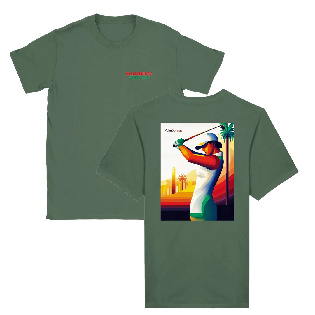 T-shirt featuring a graphic of a golf scene in Palm Springs