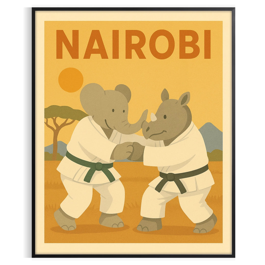 Playful elephant and rhinoceros practicing judo in Nairobi, featuring gray and green tones