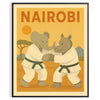 Playful elephant and rhinoceros practicing judo in Nairobi, featuring gray and green tones