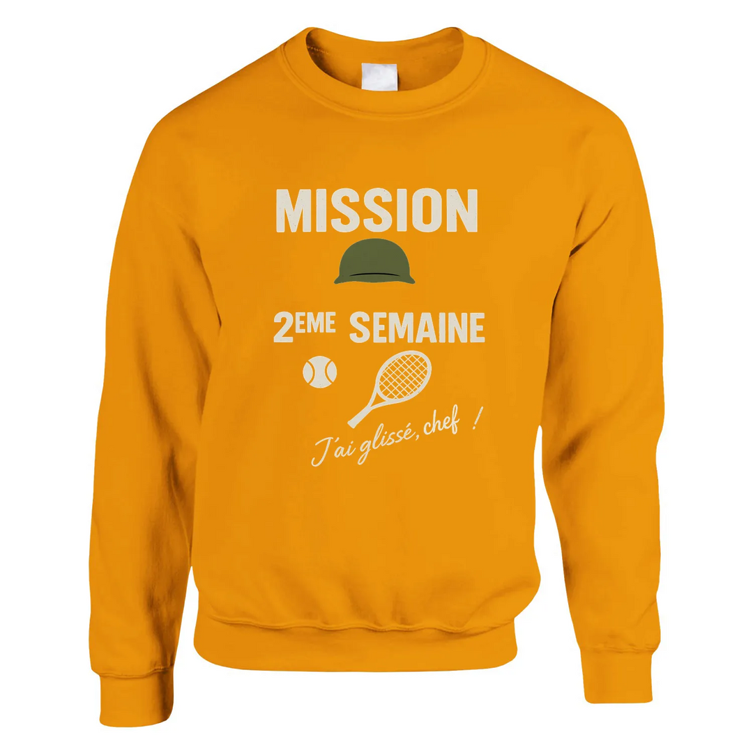 Crewneck sweater featuring 'Mission 2ème Semaine Tennis' text in bold font
