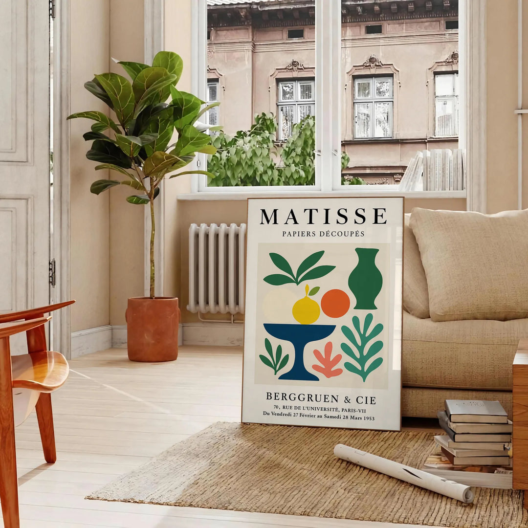 Plakat mit Matisse Scherenschnitt-Kunst in Weiß und Orange