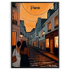 Montmartre poster with stylized illustration of Paris in green and orange