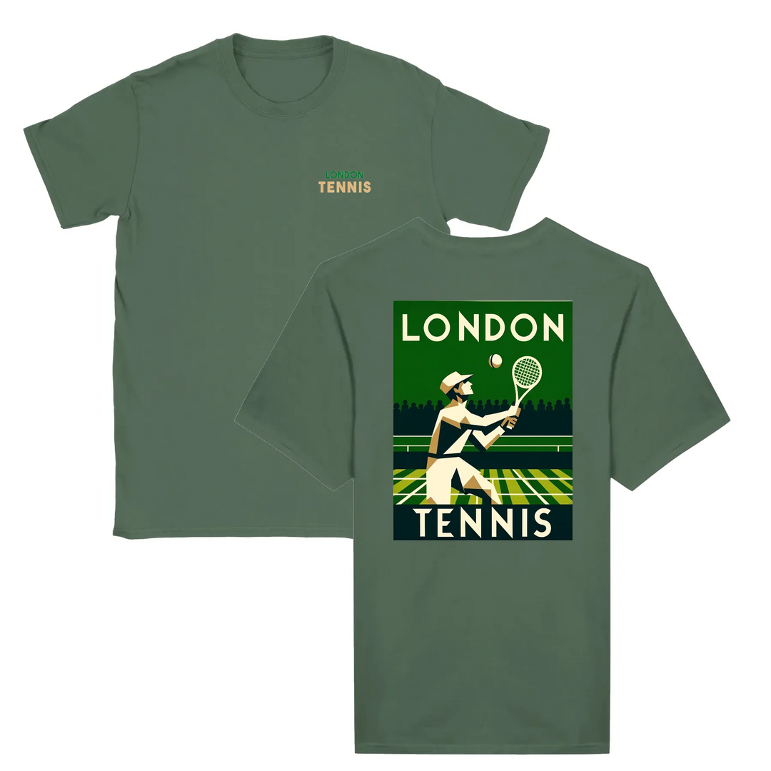 T-shirt featuring a graphic of tennis rackets and a ball in a dynamic design