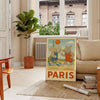 Colorful illustration of elephants and a rhinoceros playing basketball in Paris