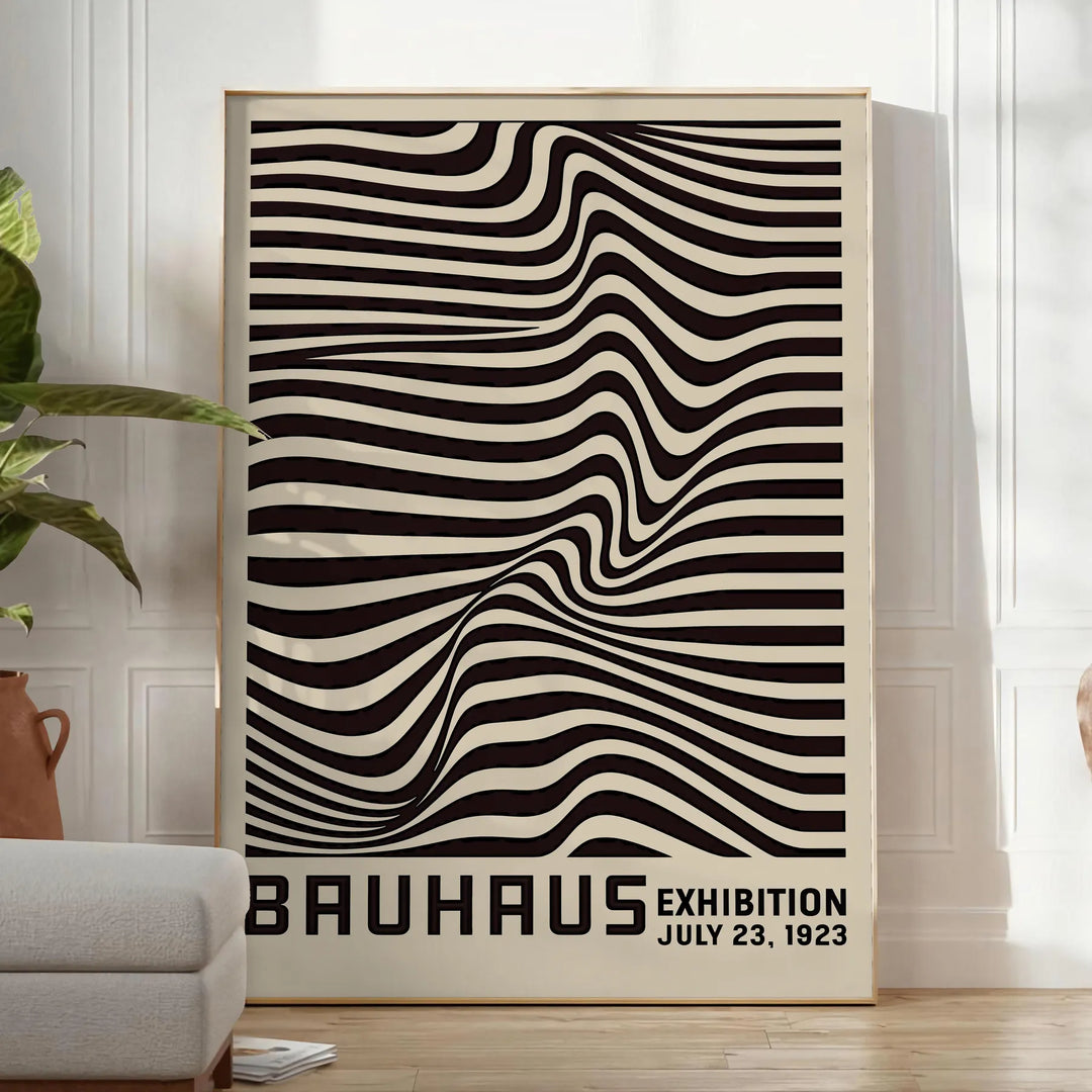 Minimalist poster featuring black lines on a gray background, inspired by Bauhaus design