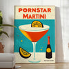 Pop-art style illustration of a Pornstar Martini cocktail in blue and red