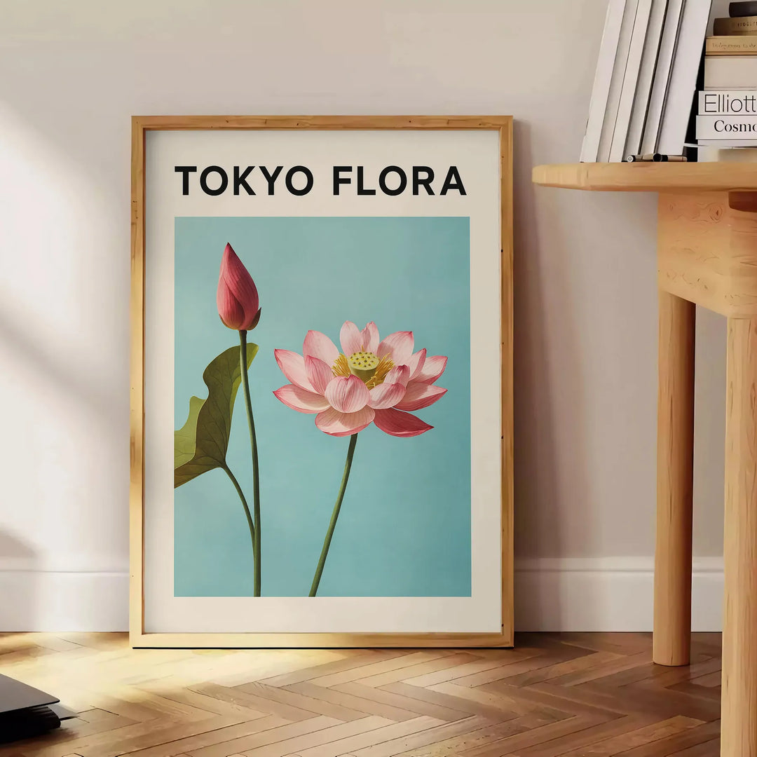 Vintage-style Tokyo flora botanical poster with green and blue tones