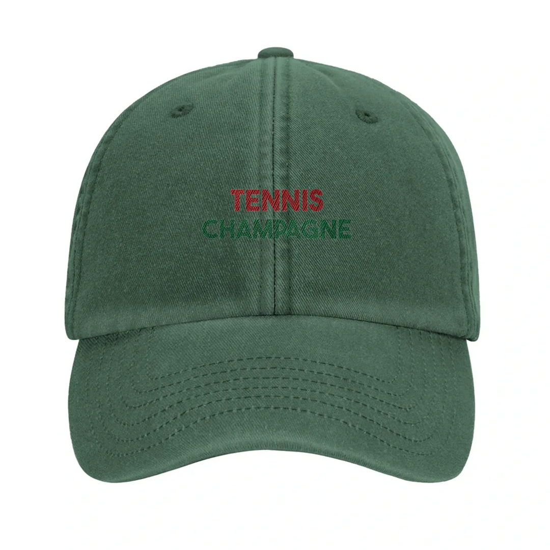 Embroidered cap featuring a vintage tennis design with champagne elements