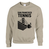Unisex sweater featuring a graphic of tennis elements with San Francisco skyline