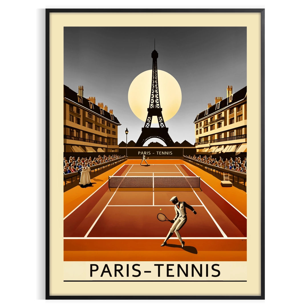 Minimalist depiction of a night tennis match in Paris, featuring black and green tones