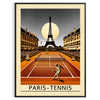 Minimalist depiction of a night tennis match in Paris, featuring black and green tones