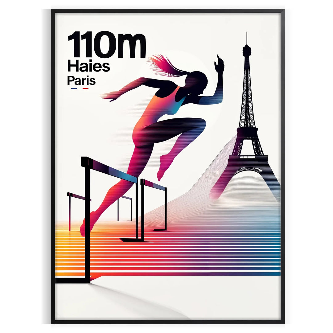 Dynamic minimalist depiction of a hurdler at the 110 Mètres Haies Paris
