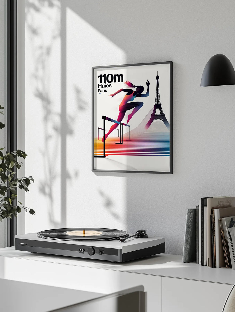 Dynamic minimalist depiction of a hurdler at the 110 Mètres Haies Paris