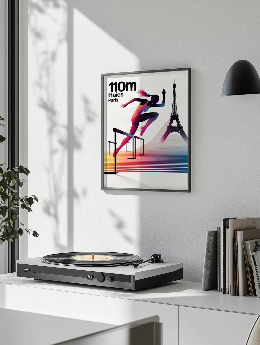 Dynamic minimalist depiction of a hurdler at the 110 Mètres Haies Paris