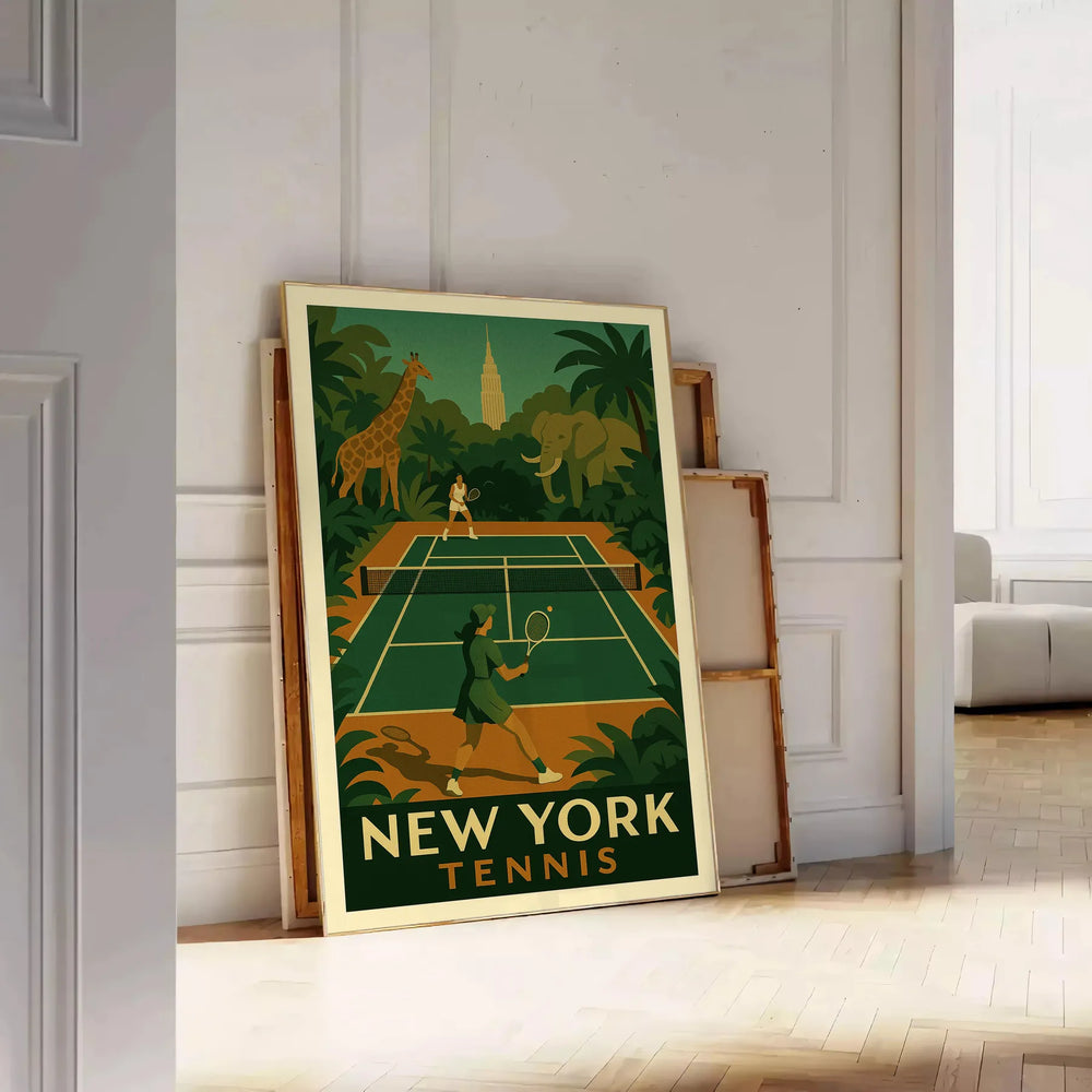 Stylized depiction of a jungle in New York with a tennis racket, earthy tones