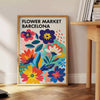 Poster del mercato dei fiori di Barcellona, illustrazione botanica blu e arancione