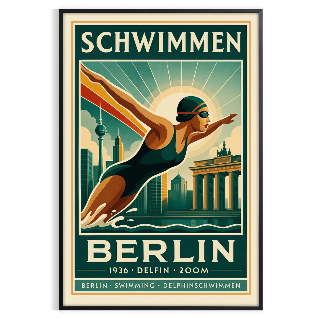 Illustration of swimmers in Berlin, featuring earthy brown and green tones