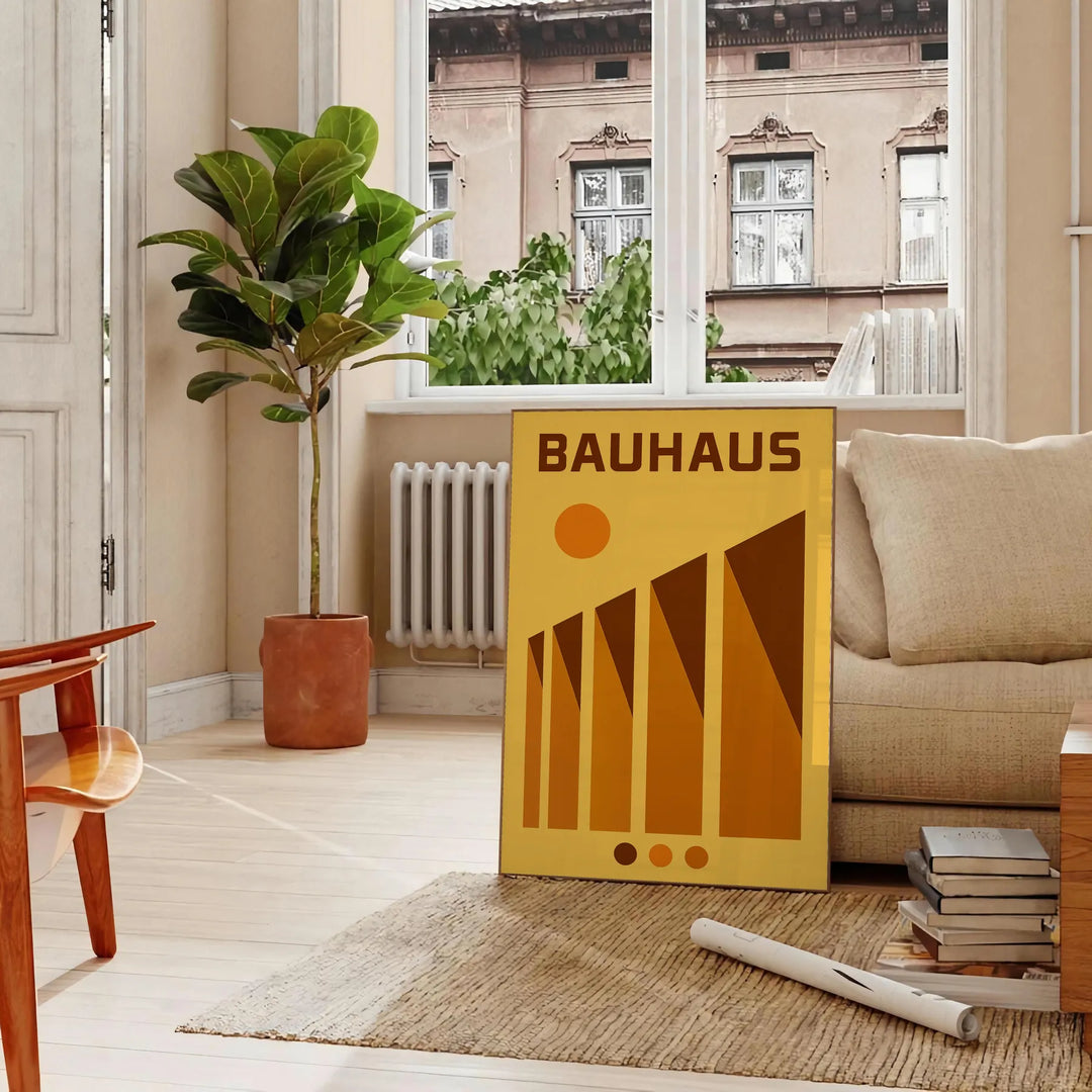 Geometric abstract forms in yellow, red, green, and orange inspired by Bauhaus
